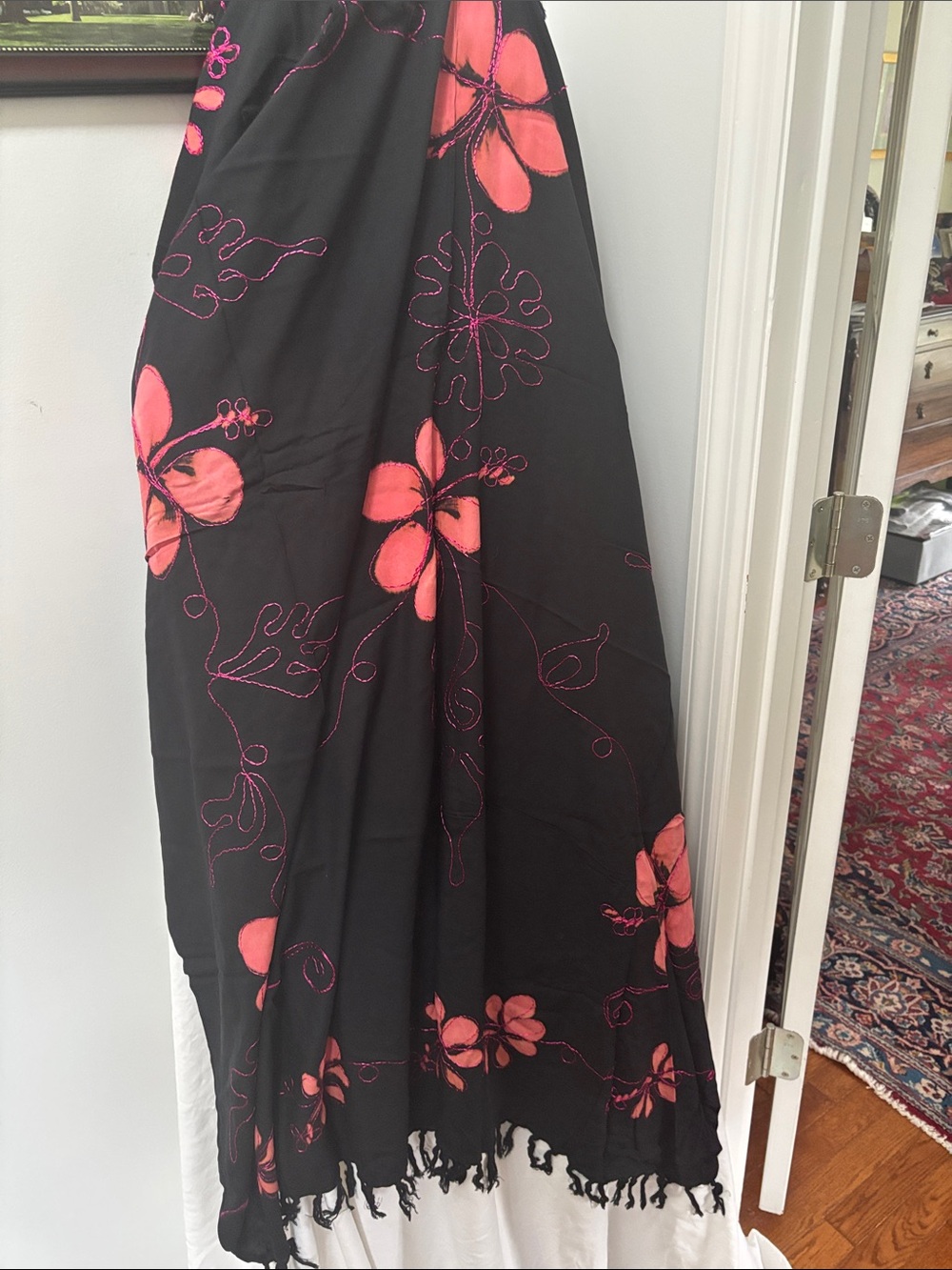 Black Sarong Cover-Up with Coral Pink Floral Embroidery